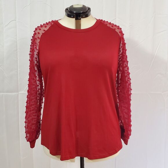 Bloomchic Blouse Women's Large12 Red Solid Long Mesh Sleeve w/ Fabric Dots - Picture 1 of 8